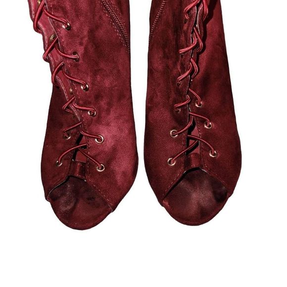 Burgundy Peep Toe Lace Up Over The Knee High Heel Boots Size 9 - Picture 6 of 7